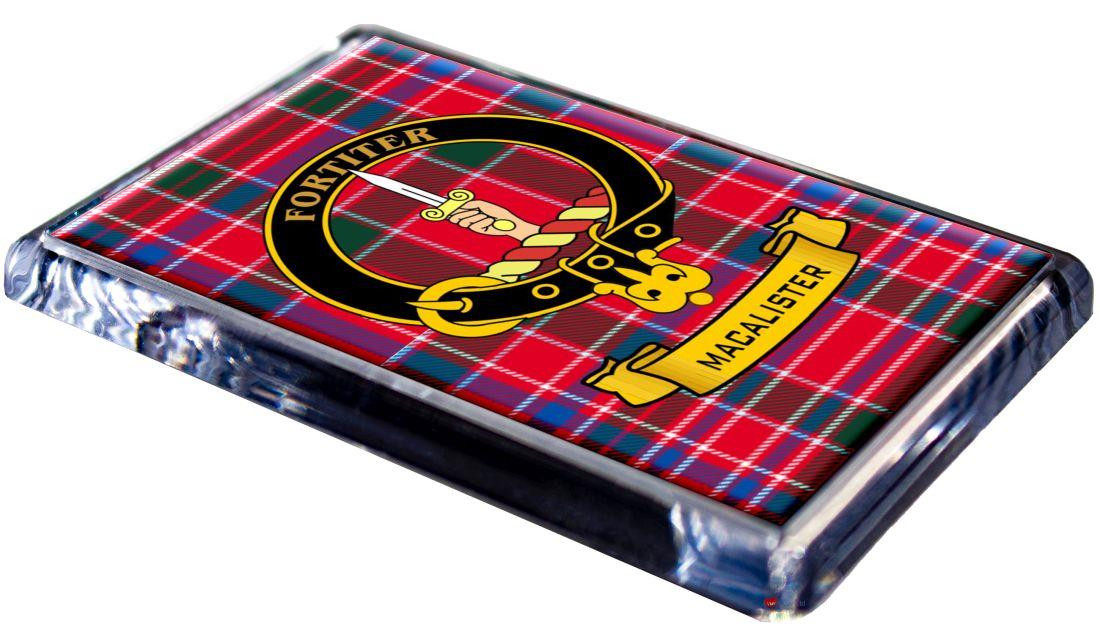 MacAlister Clan Tartan Fridge Magnet with Scottish Clan Crest on Clear Acrylic Rectangular Base