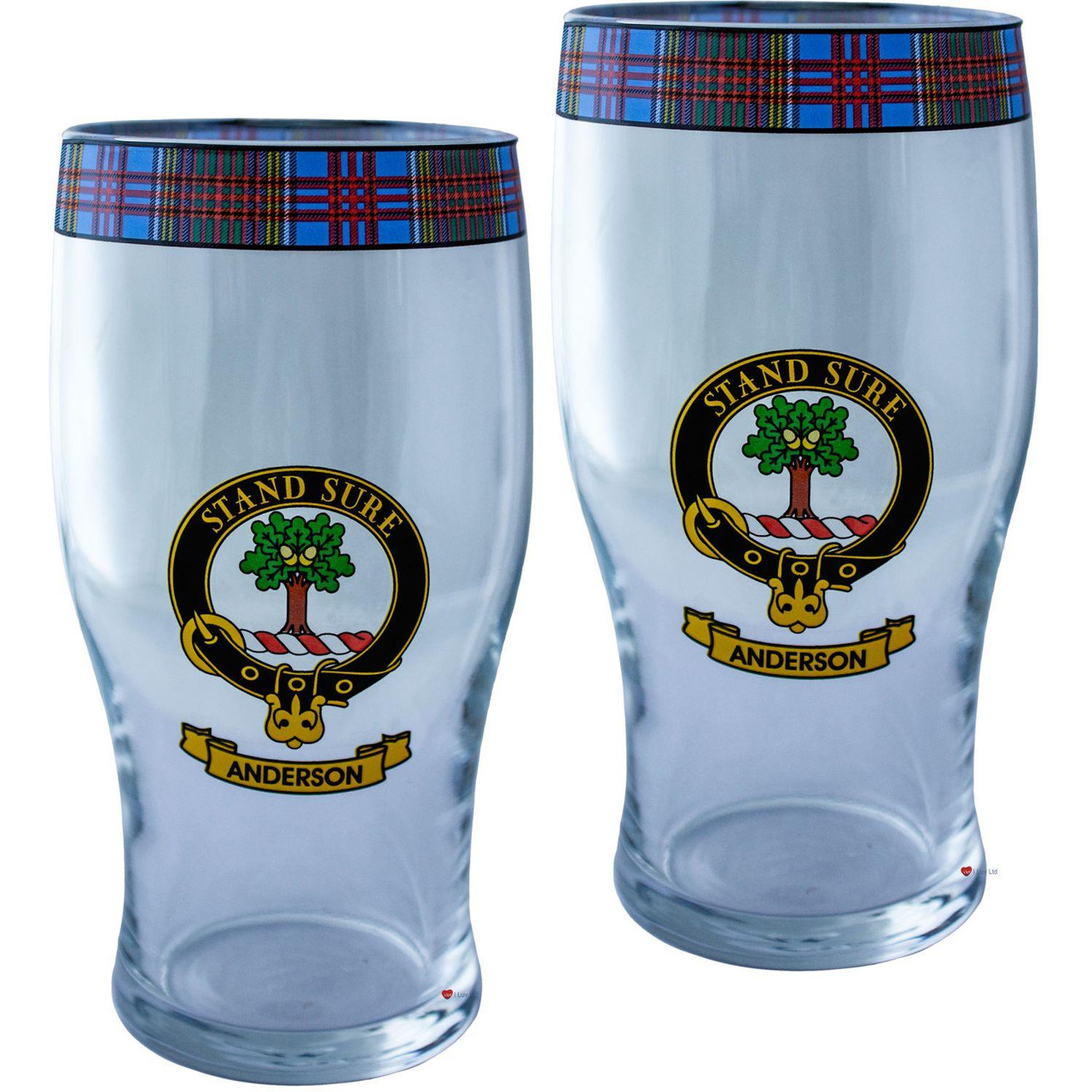 Anderson Clan Traditional Scottish Pint Beer Glasses Pair Tartan Band and Crest