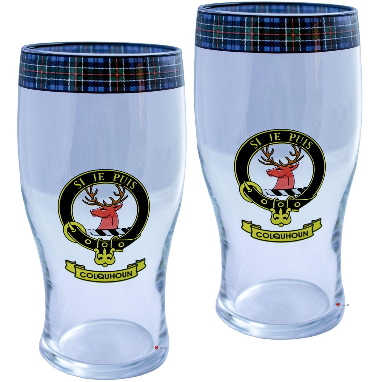 Colquhoun Clan Traditional Scottish Pint Beer Glasses Pair Tartan Band and Crest