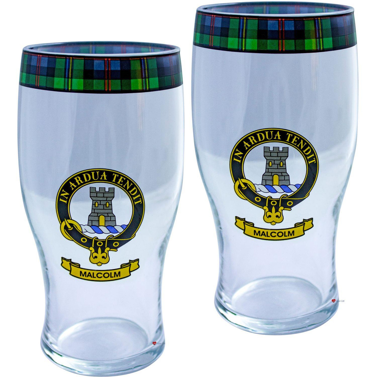 Malcolm Clan Traditional Scottish Pint Beer Glasses Pair Tartan Band and Crest