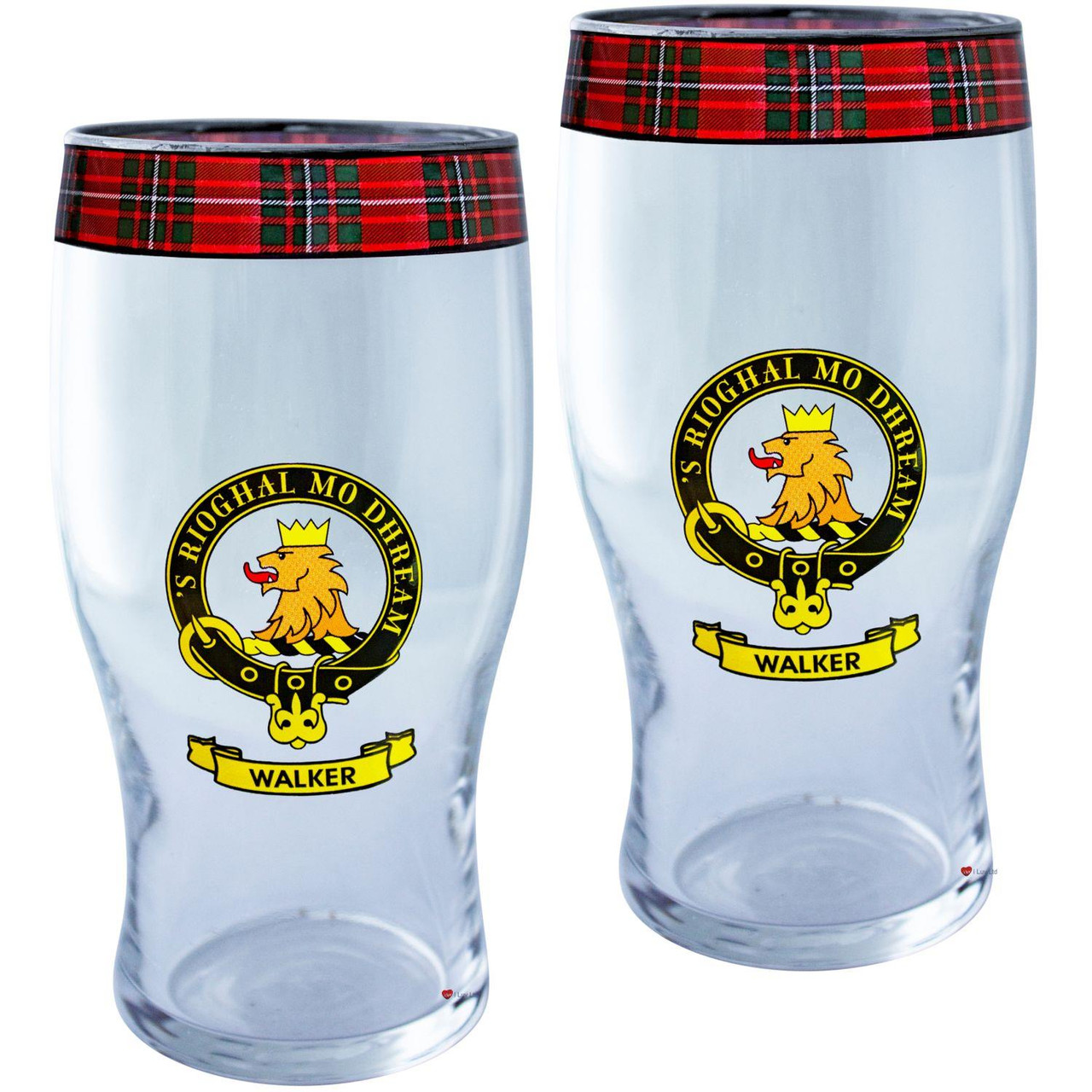 Walker Clan Traditional Scottish Pint Beer Glasses Pair Tartan Band and Crest
