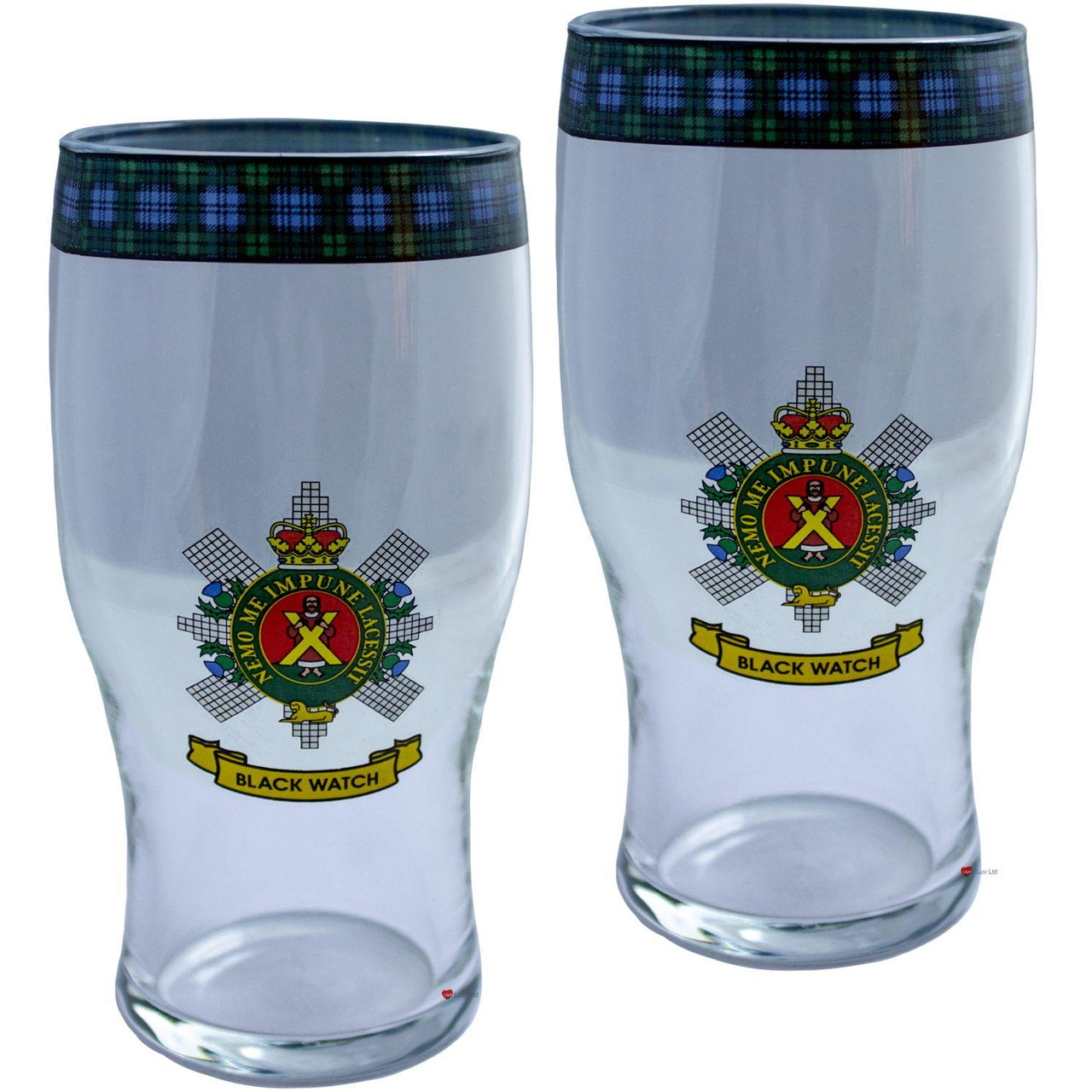 Black Watch Clan Traditional Scottish Pint Beer Glasses Pair Tartan Band and Crest