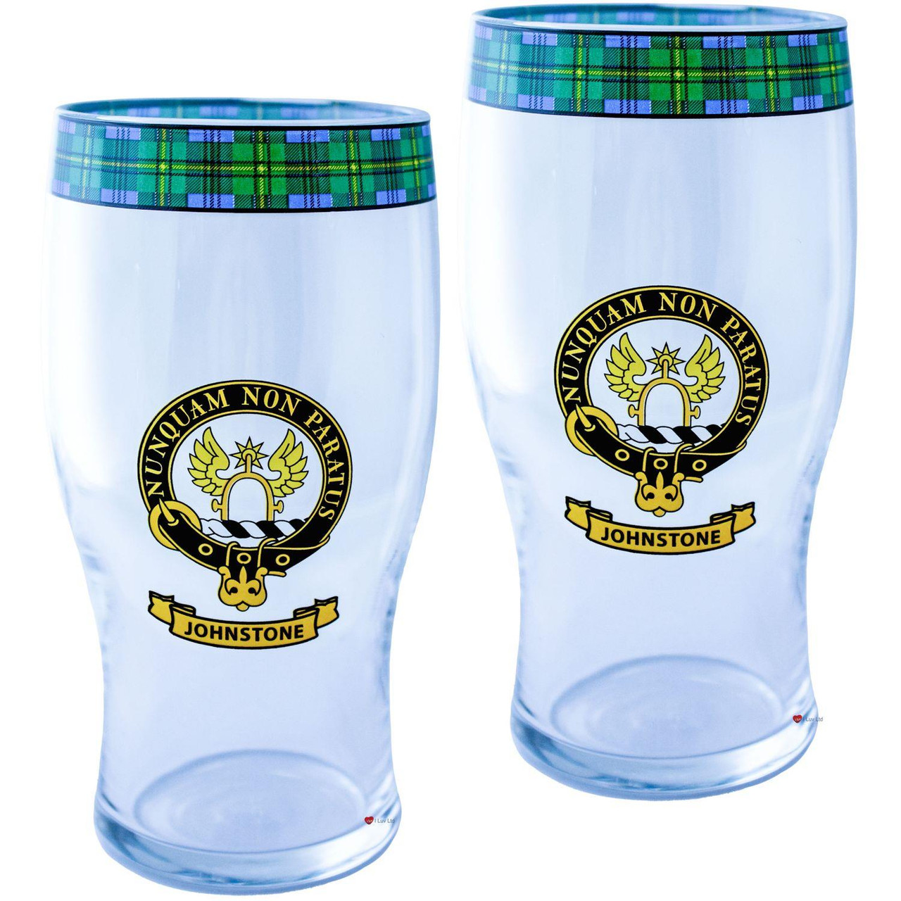 Johnstone Clan Traditional Scottish Pint Beer Glasses Pair Tartan Band and Crest