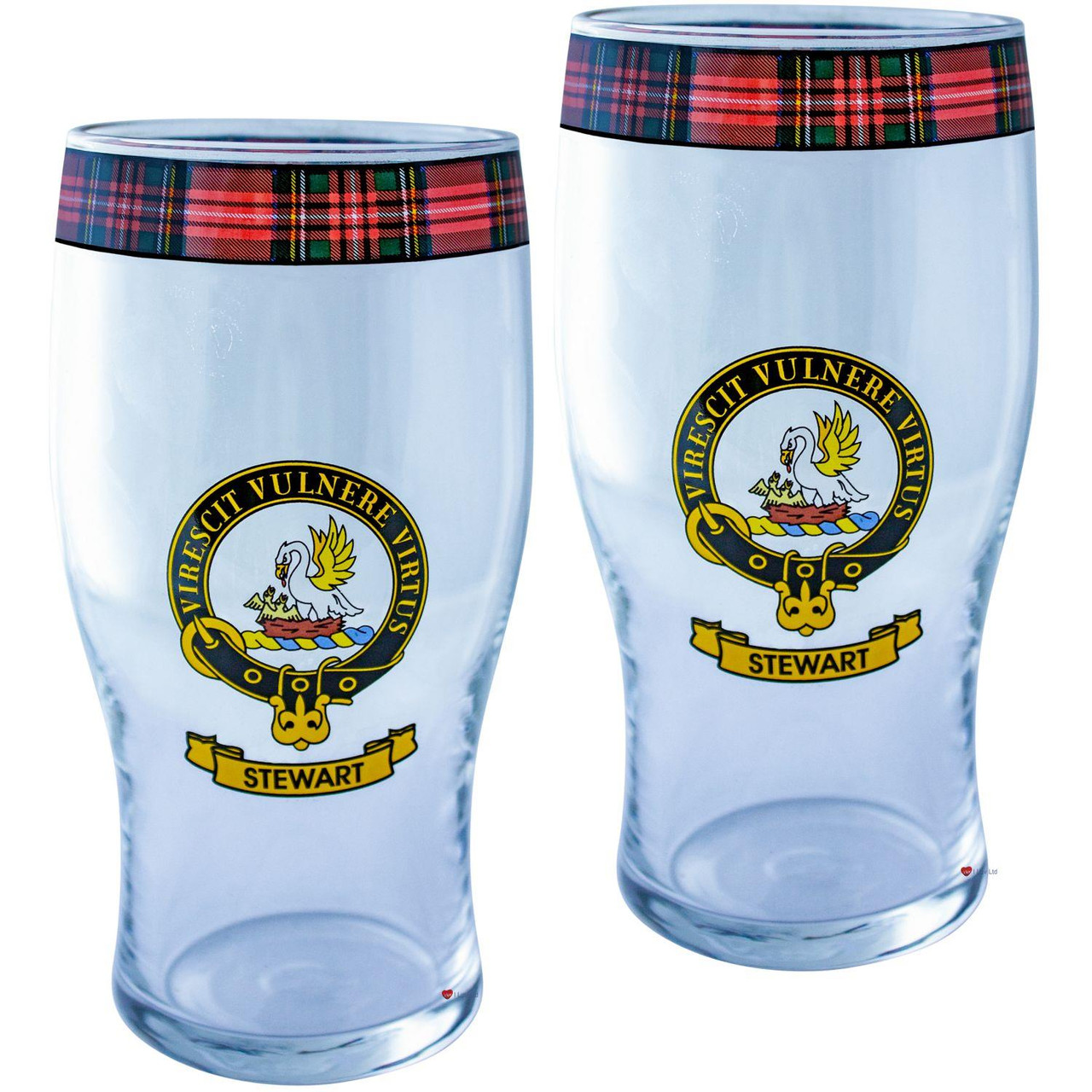Stewart Clan Traditional Scottish Pint Beer Glasses Pair Tartan Band and Crest