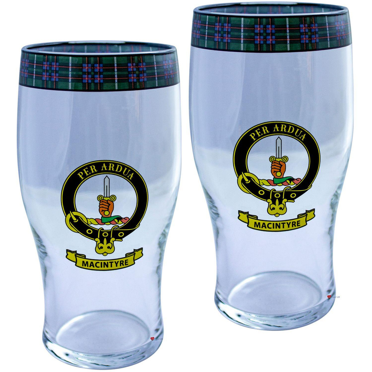MacIntyre Clan Traditional Scottish Pint Beer Glasses Pair Tartan Band and Crest