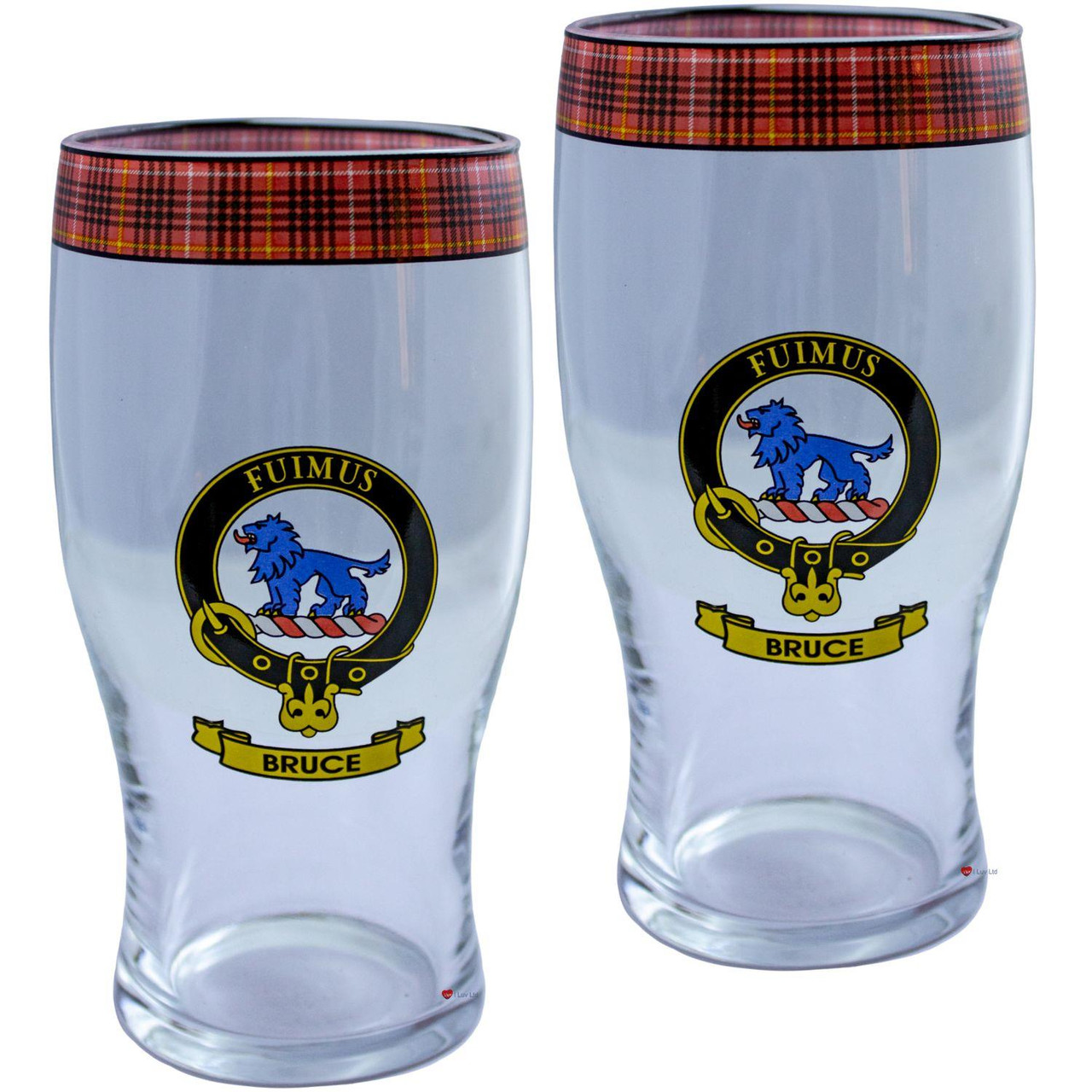 Bruce Clan Traditional Scottish Pint Beer Glasses Pair Tartan Band and Crest