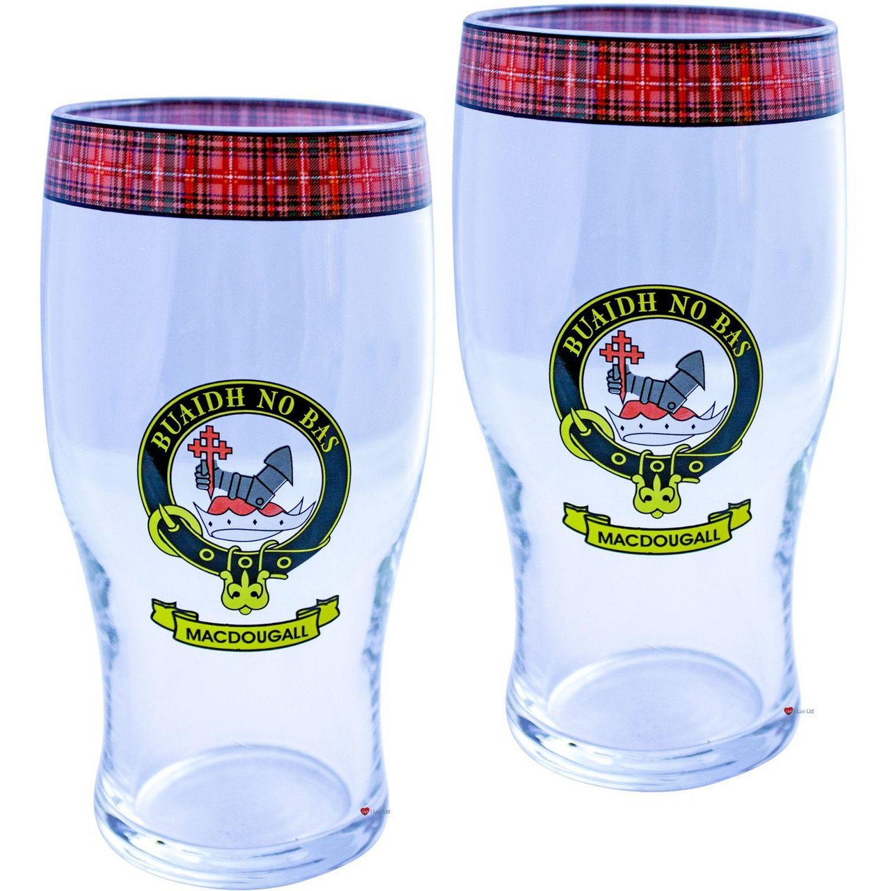 MacDougall Clan Traditional Scottish Pint Beer Glasses Pair Tartan Band and Crest
