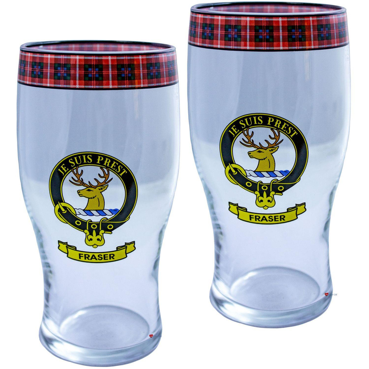 Fraser Clan Traditional Scottish Pint Beer Glasses Pair Tartan Band and Crest