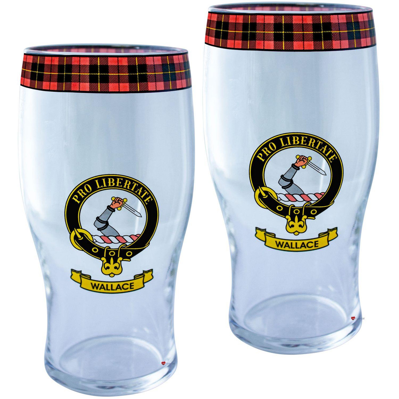 Wallace Clan Traditional Scottish Pint Beer Glasses Pair Tartan Band and Crest