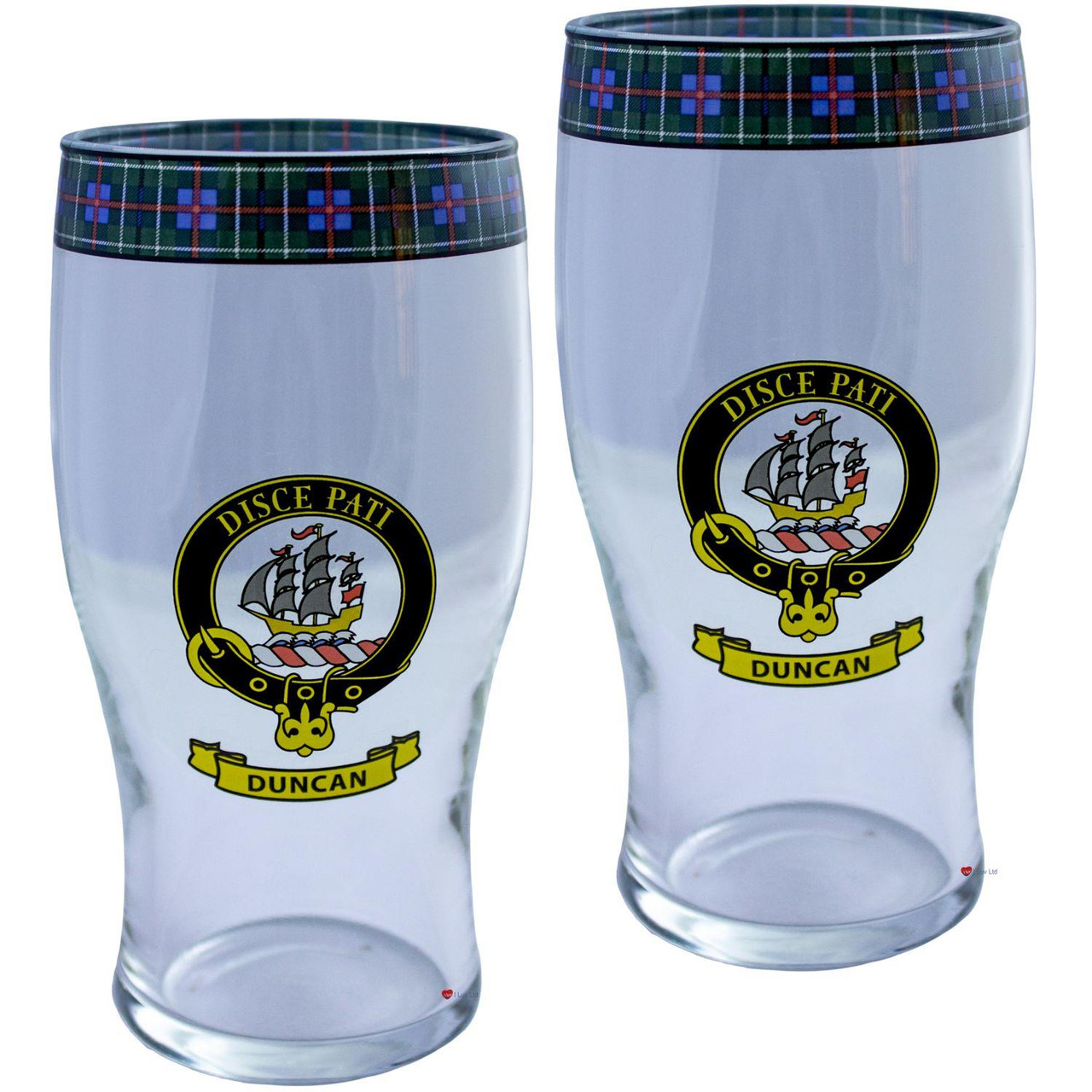 Duncan Clan Traditional Scottish Pint Beer Glasses Pair Tartan Band and Crest