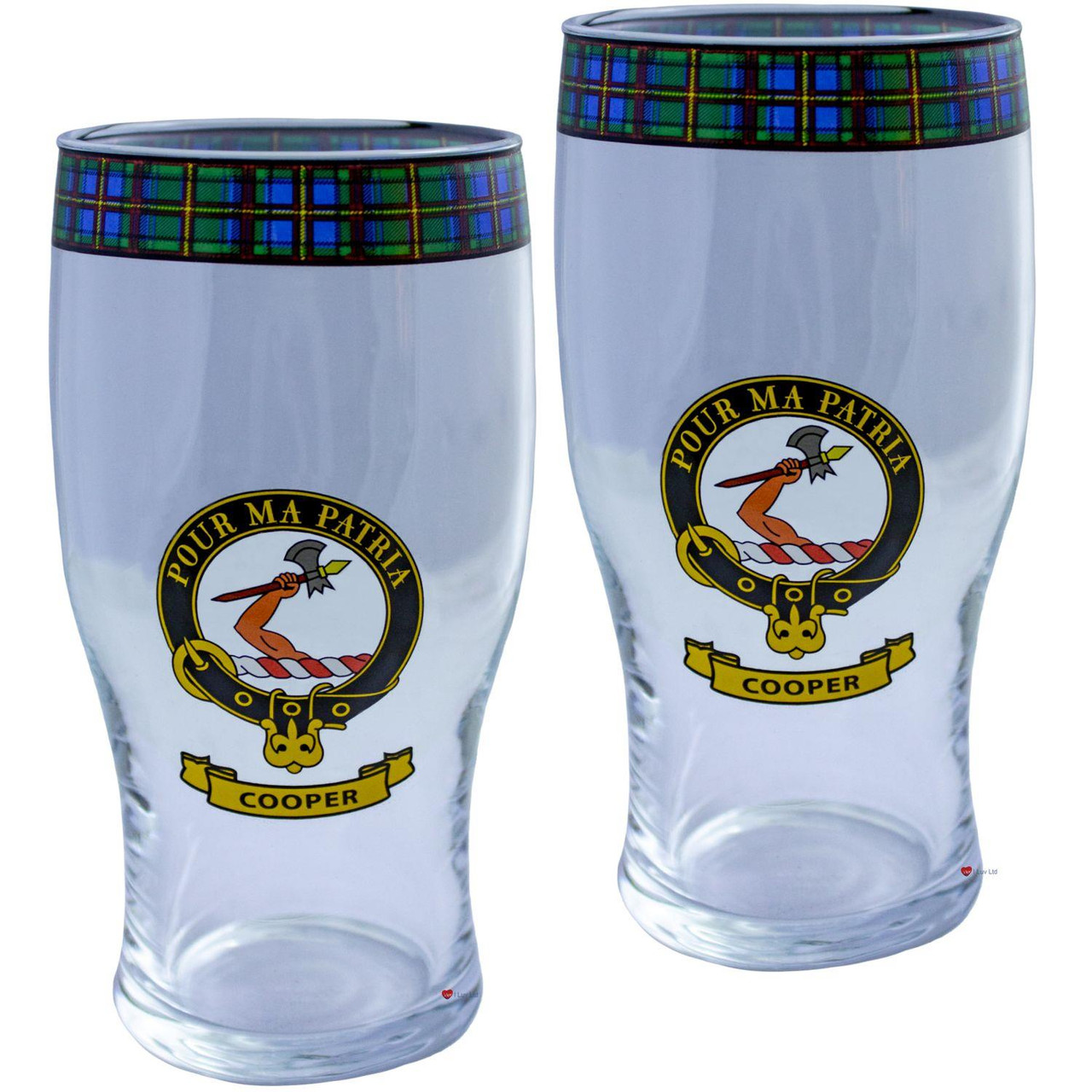 Cooper Clan Traditional Scottish Pint Beer Glasses Pair Tartan Band and Crest