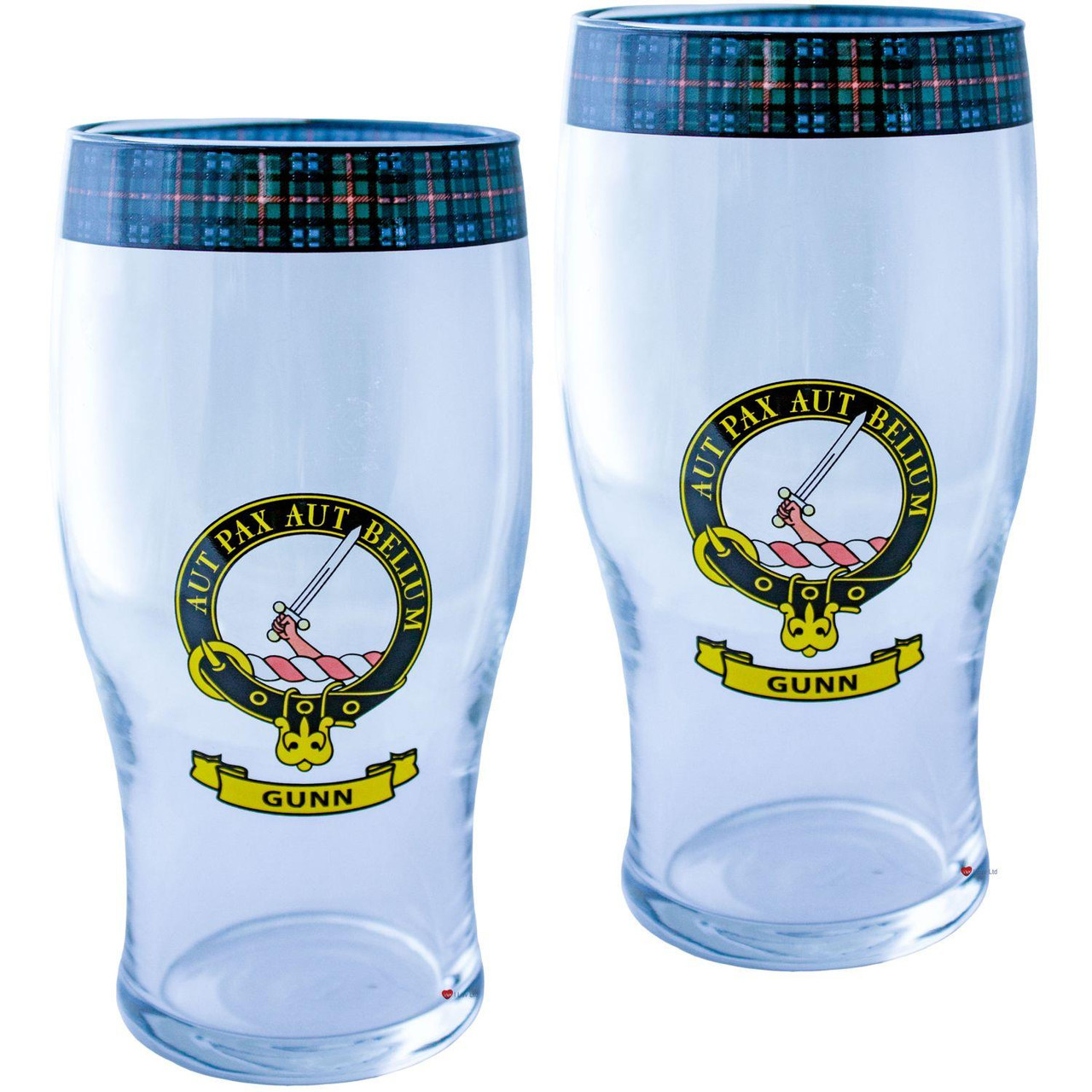 Gunn Clan Traditional Scottish Pint Beer Glasses Pair Tartan Band and Crest