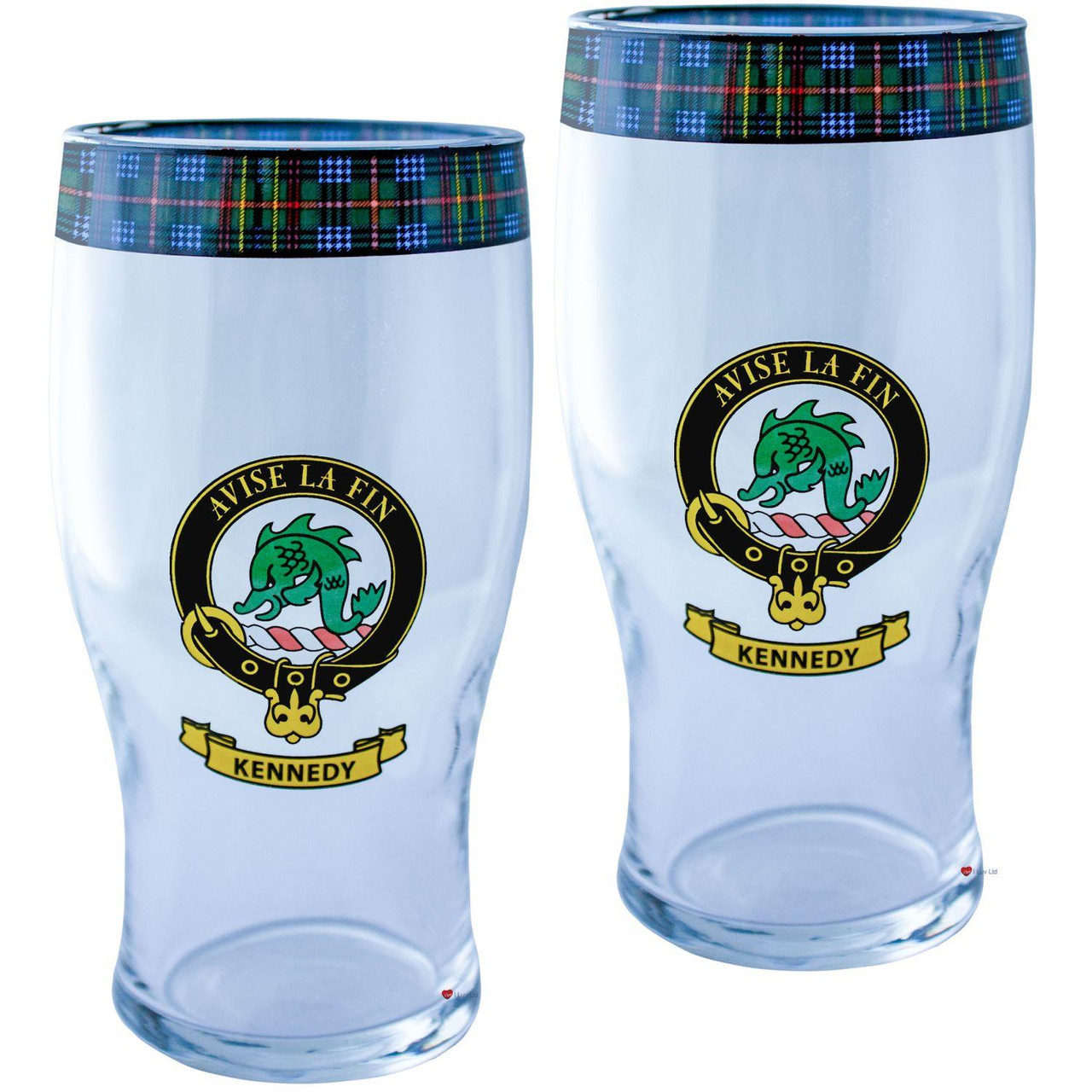 Kennedy Clan Traditional Scottish Pint Beer Glasses Pair Tartan Band and Crest