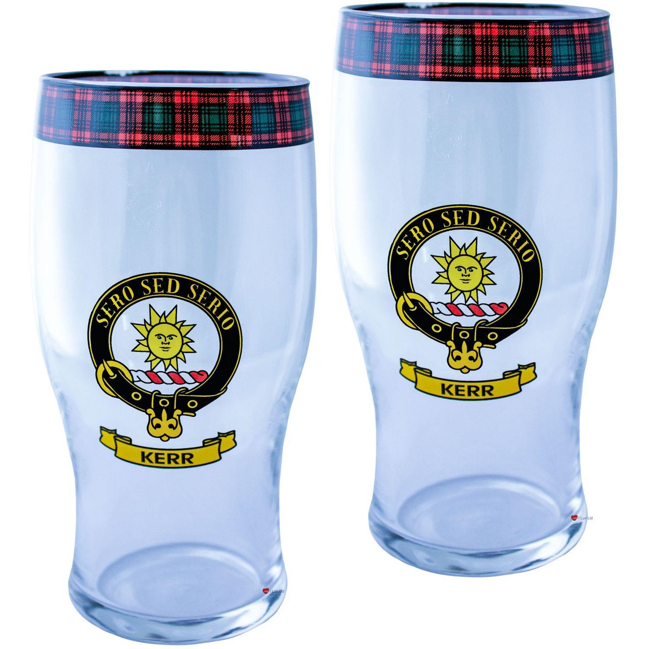 Kerr Clan Traditional Scottish Pint Beer Glasses Pair Tartan Band and Crest