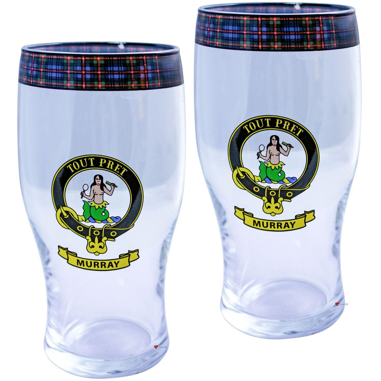 Murray Clan Traditional Scottish Pint Beer Glasses Pair Tartan Band and Crest