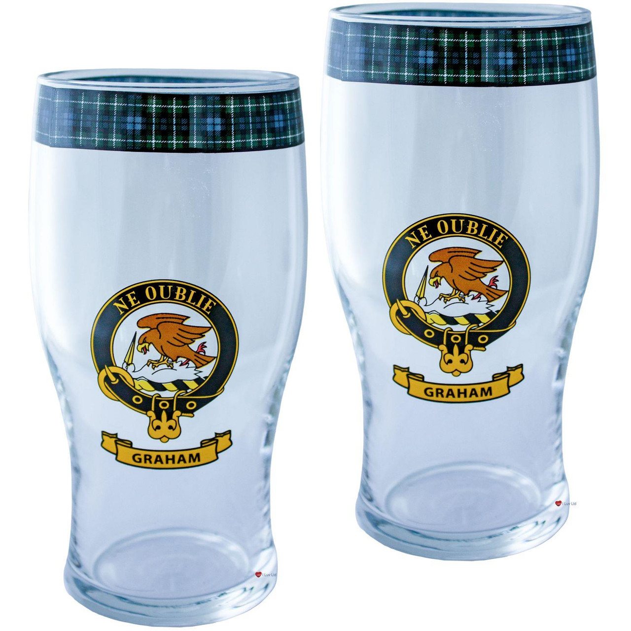 Graham Clan Traditional Scottish Pint Beer Glasses Pair Tartan Band and Crest