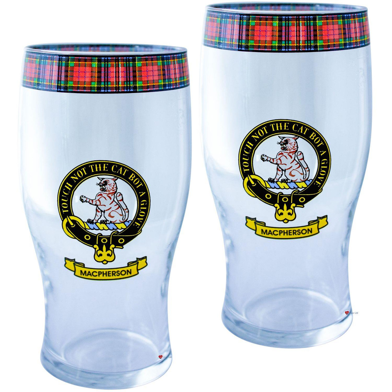MacPherson Clan Traditional Scottish Pint Beer Glasses Pair Tartan Band and Crest
