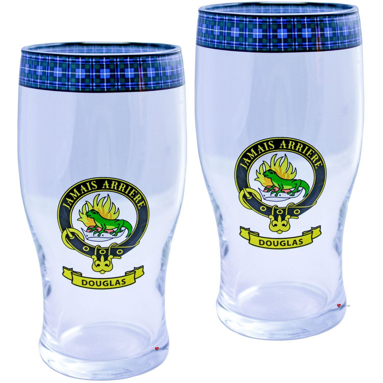 Douglas Clan Traditional Scottish Pint Beer Glasses Pair Tartan Band and Crest