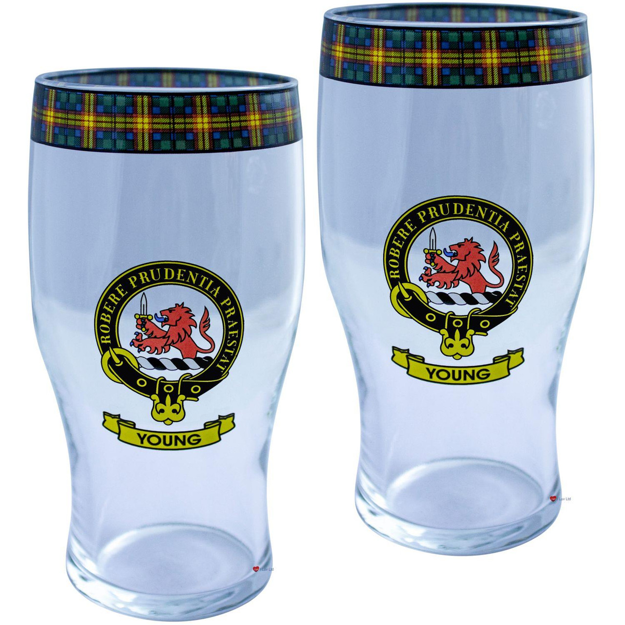 Young Clan Traditional Scottish Pint Beer Glasses Pair Tartan Band and Crest