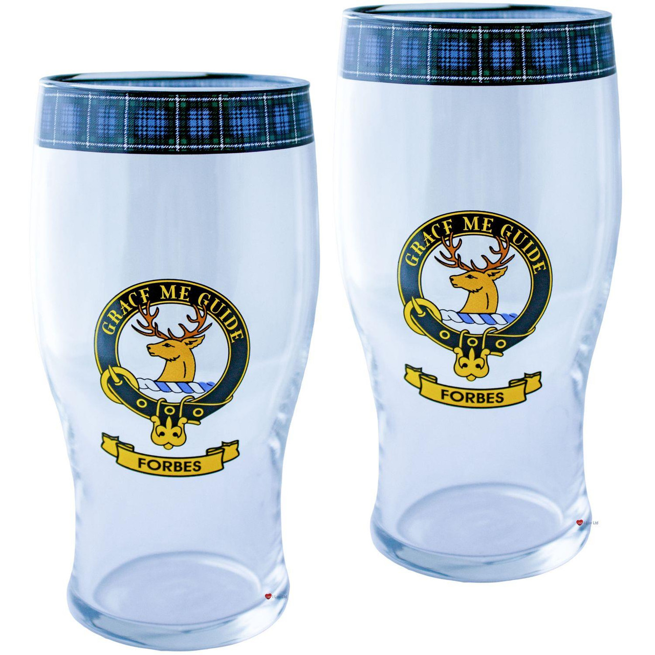 Forbes Clan Traditional Scottish Pint Beer Glasses Pair Tartan Band and Crest