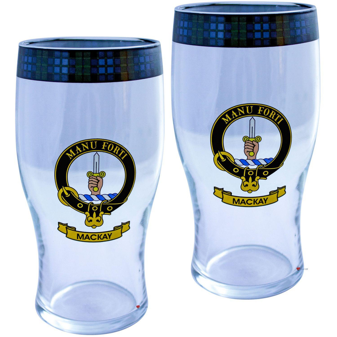 MacKay Clan Traditional Scottish Pint Beer Glasses Pair Tartan Band and Crest