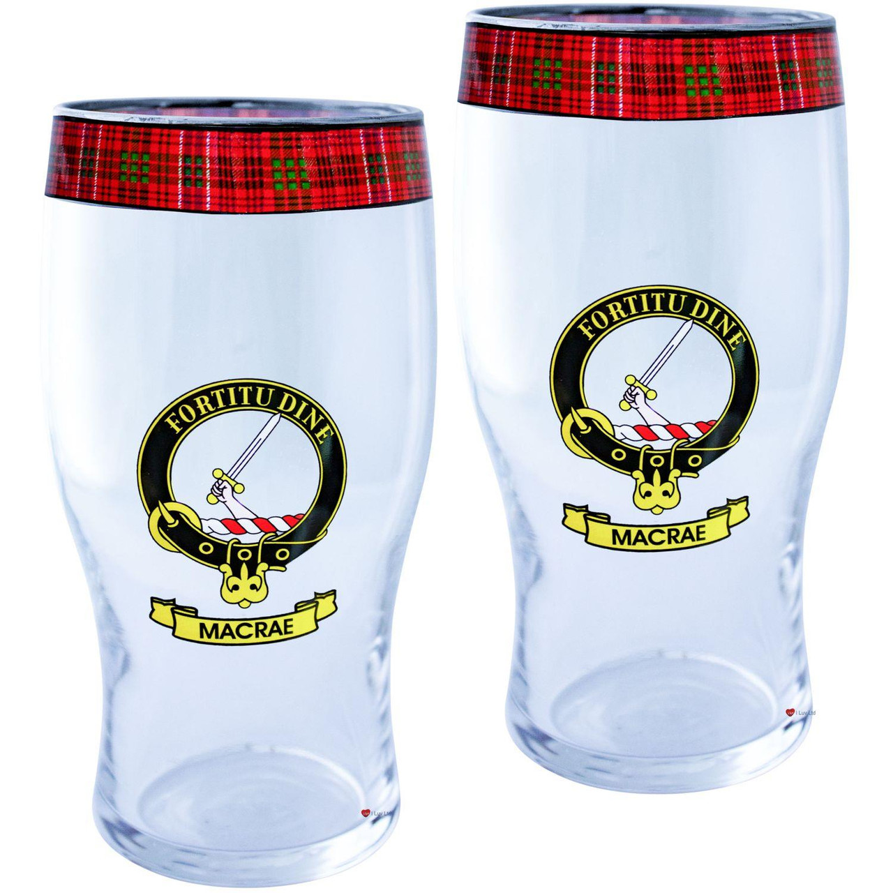 MacRae Clan Traditional Scottish Pint Beer Glasses Pair Tartan Band and Crest