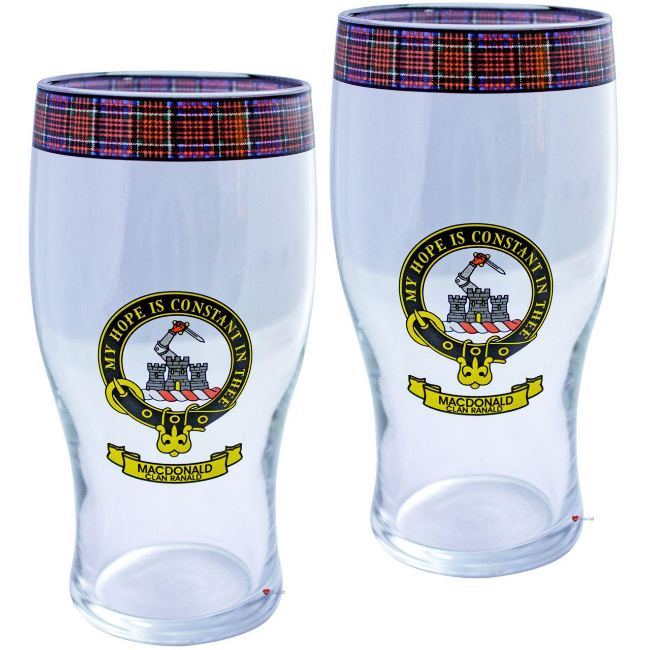 MacDonald Clan Ranald Clan Traditional Scottish Pint Beer Glasses Pair Tartan Band and Crest