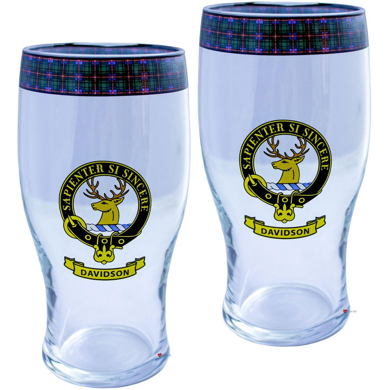Davidson Clan Traditional Scottish Pint Beer Glasses Pair Tartan Band and Crest