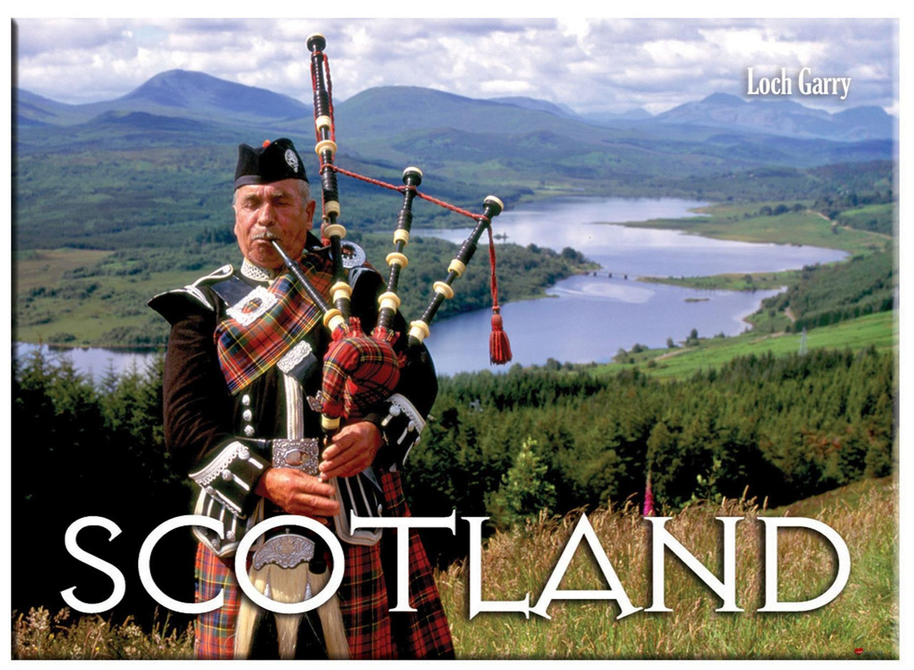 Scotland Piper Over the Loch Scenic Metallic Magnet