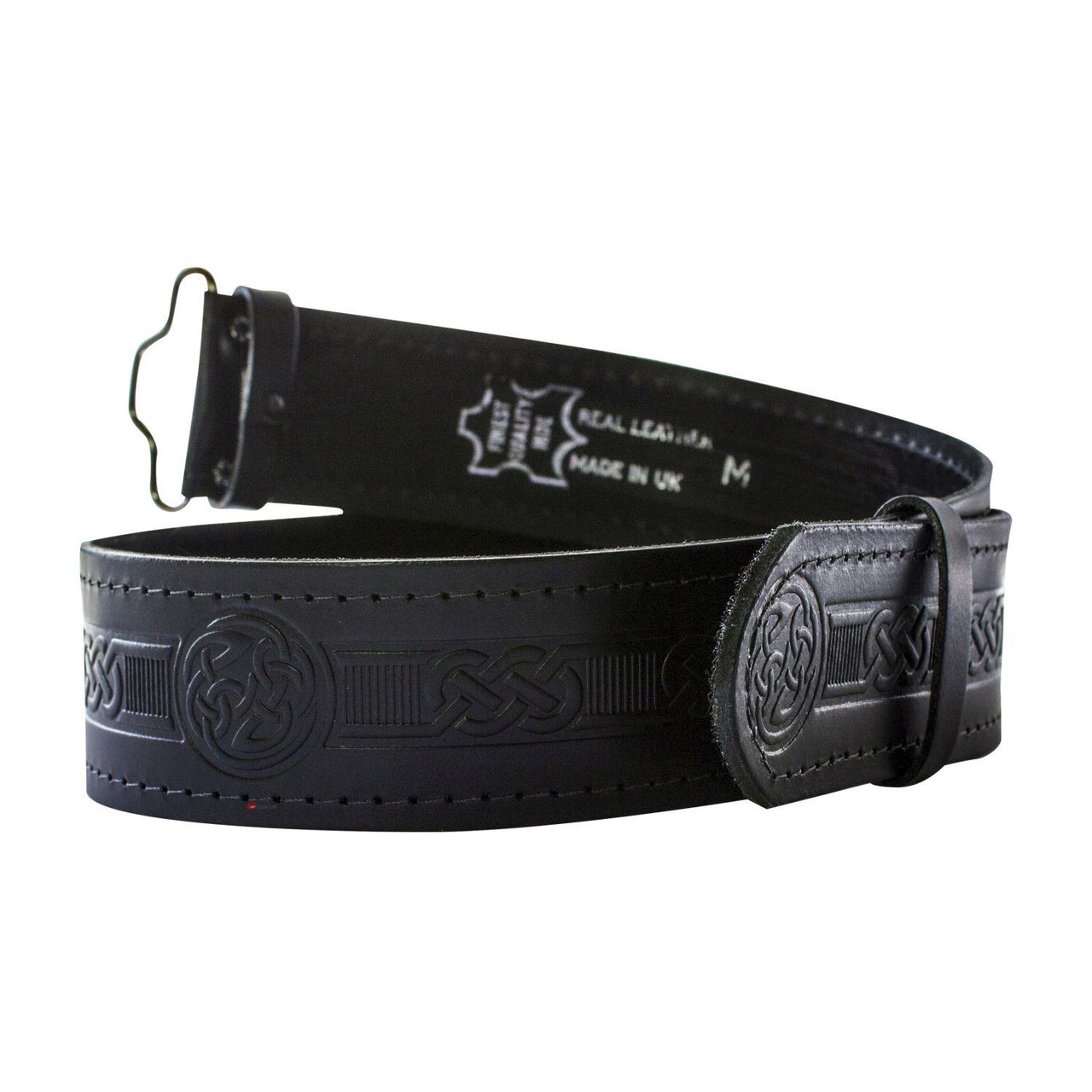 Celtic Swirl Hide Leather Velcro Kilt Belt 2.25" Wide Scottish Made