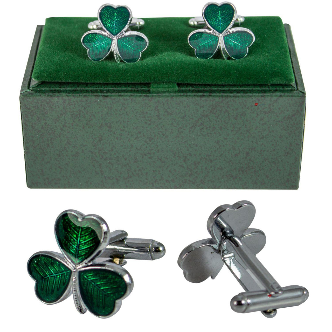 Shamrock 3 Leaf Clover Cufflinks in Enamel Green