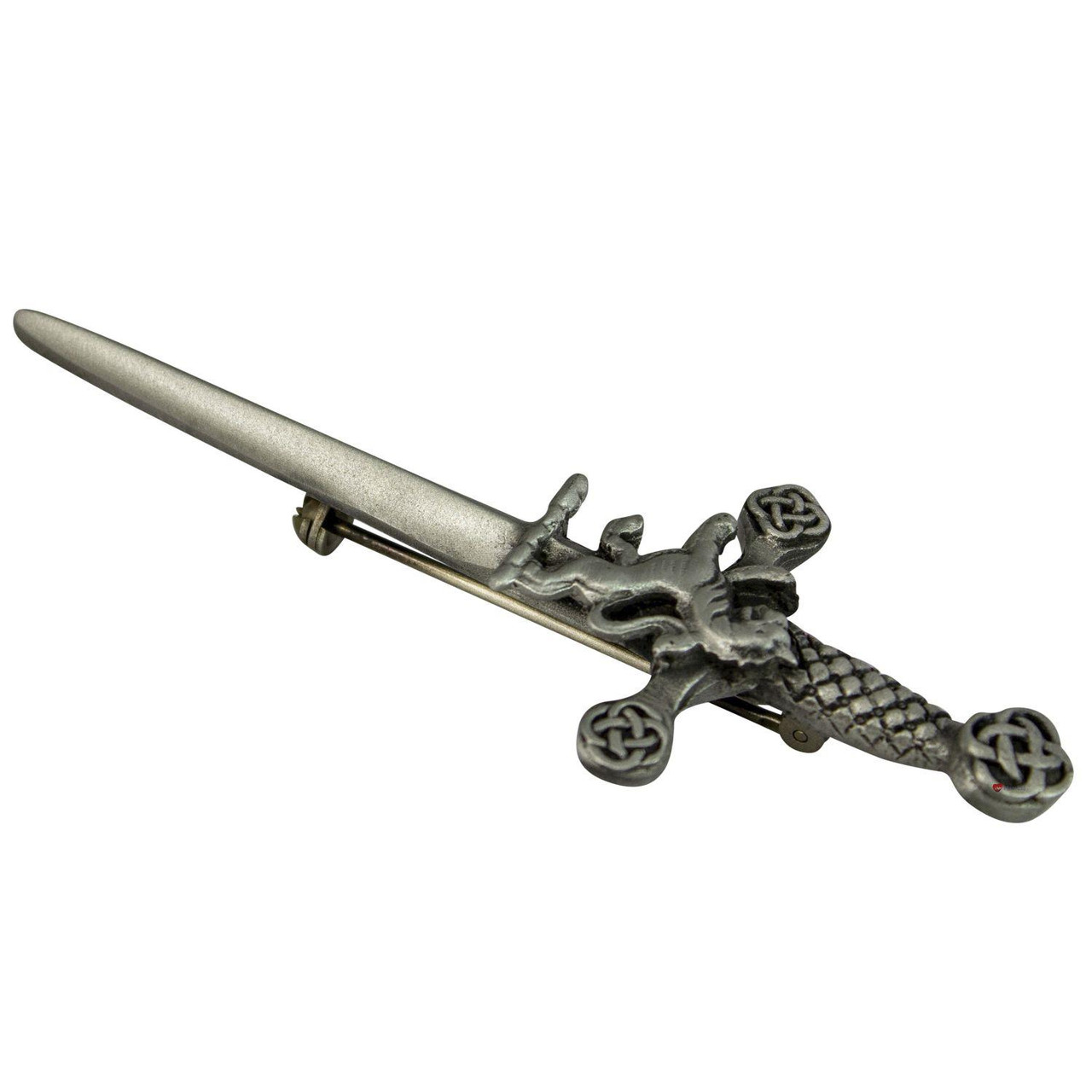 Pewter Lion Kilt Pin in Antique finish On Claymore Sword Pewter