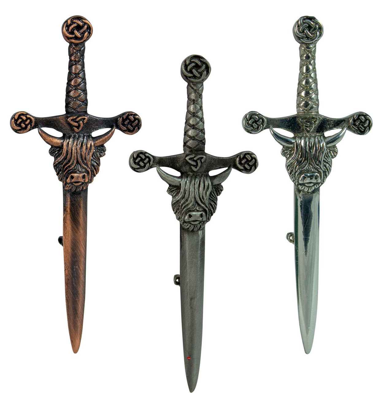 Kilt Pin Highland Cow On Claymore Sword Pewter 3 Styles