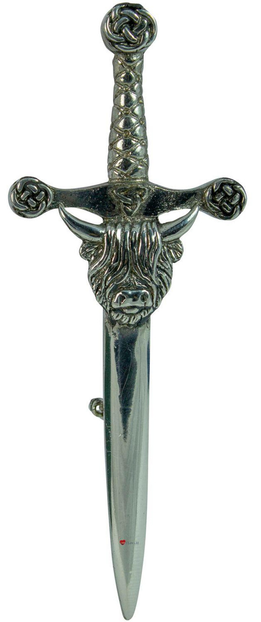 Kilt Pin Highland Cow On Claymore Sword Pewter 3 Styles