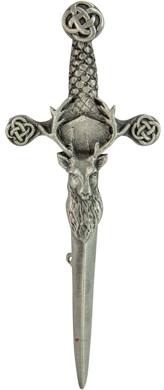 Mens Kilt Pin Stag On Claymore Sword Pewter 4in Made In Scotland