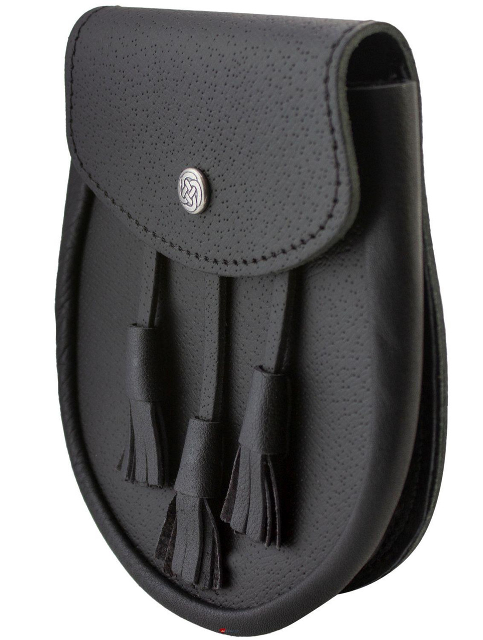 Day Sporran Traditional Scottish Black Leather with Leather Tassels Celtic Knot button
