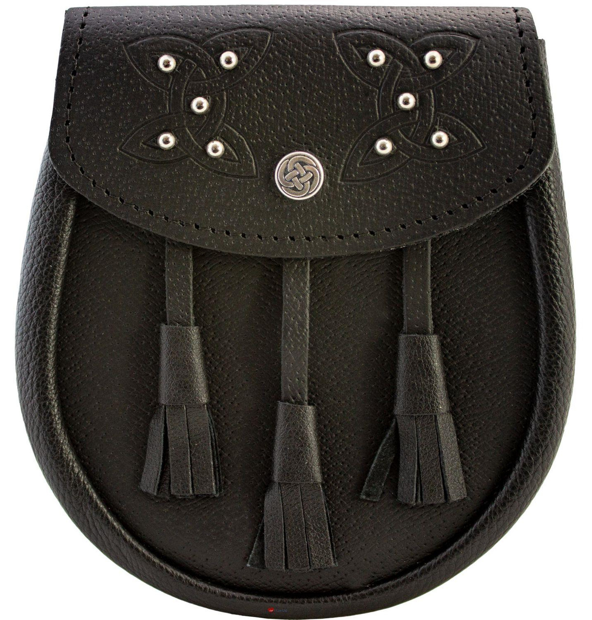 Day Sporran Traditional Scottish Black Leather Embossed & Studded Celtic Knot Lid