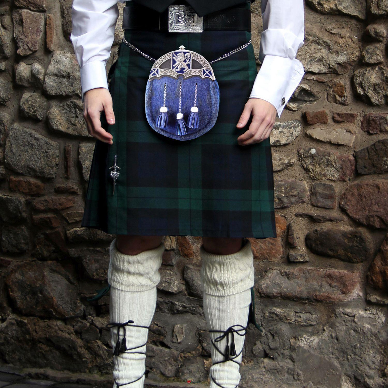 Full Dress Kilt Sporran Scottish Blue Fur Rampant Lion Saltire Polished Enamelled Finish