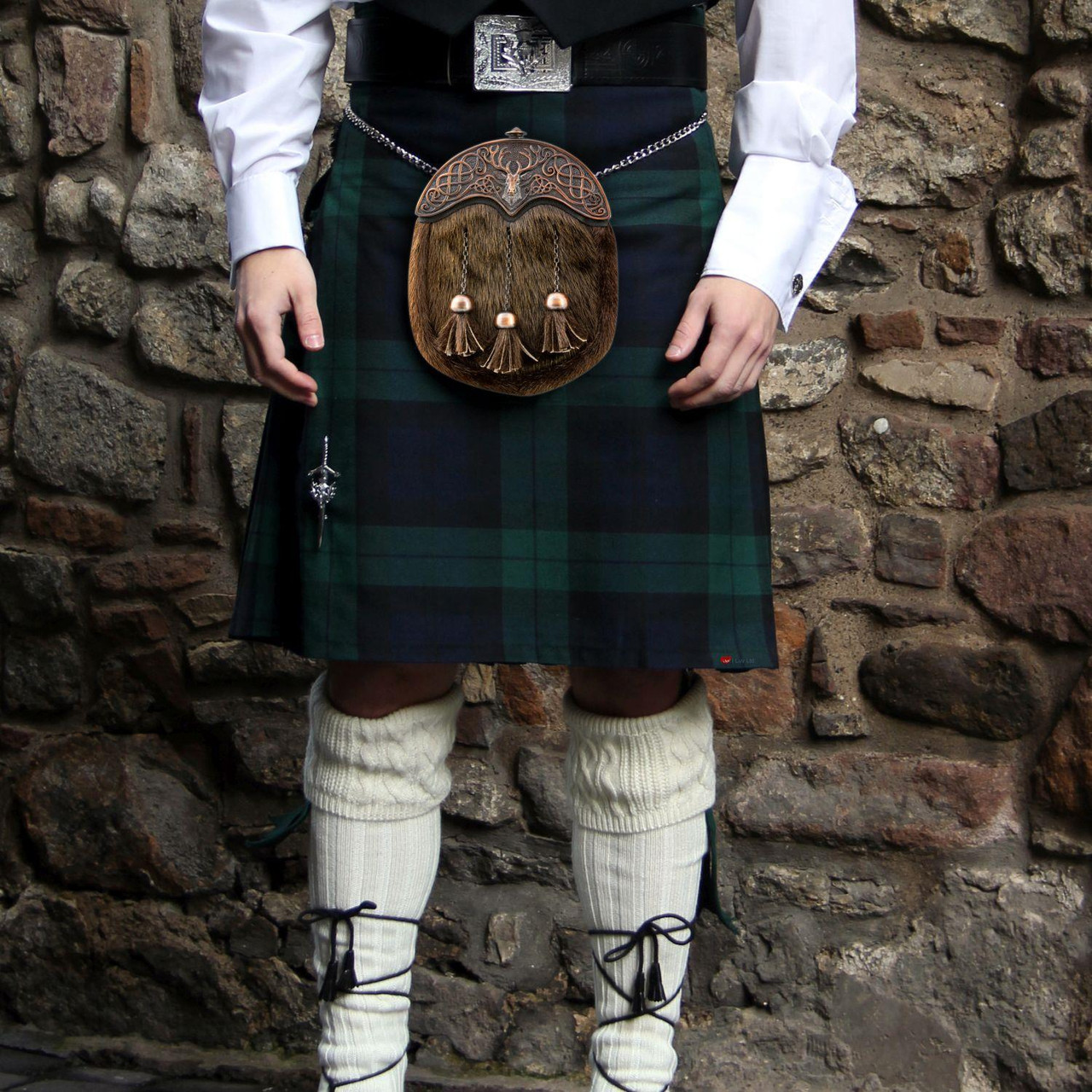 Full Dress Kilt Sporran Scottish Brown Fur Stag Celtic Design Cantle Chocolate Bronze Finish