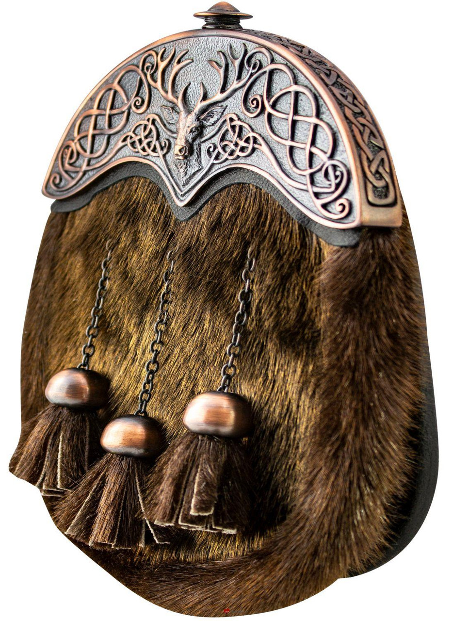Full Dress Kilt Sporran Scottish Brown Fur Stag Celtic Design Cantle Chocolate Bronze Finish