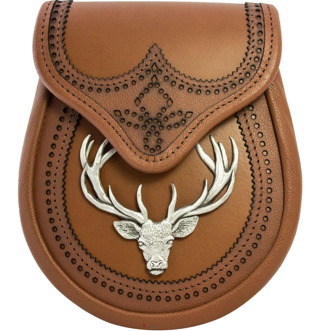 Day Sporran Traditional Scottish Tan Leather with Stag Metal Badge in Antique Finish