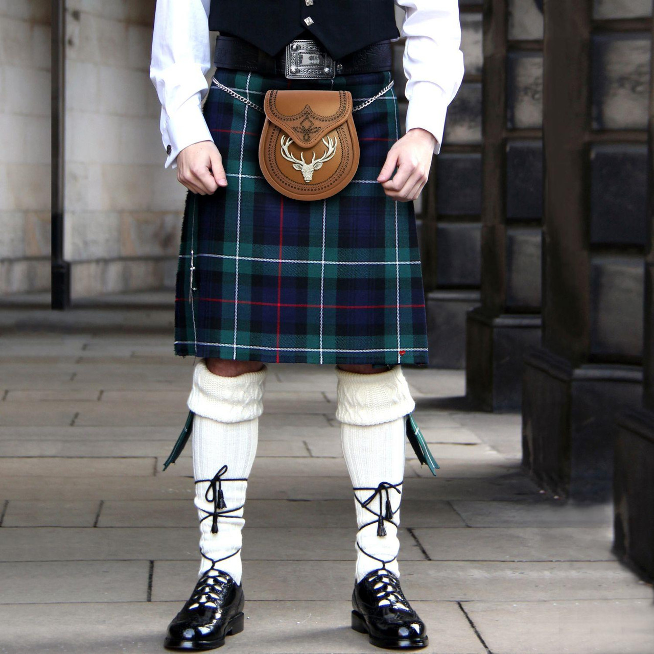 Day Sporran Traditional Scottish Tan Leather with Stag Metal Badge in Antique Finish