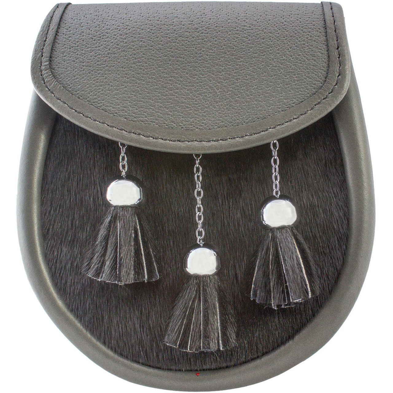 Semi Dress Sporran Grey Leather Black Fur Body Polished chrome Ball and Chain