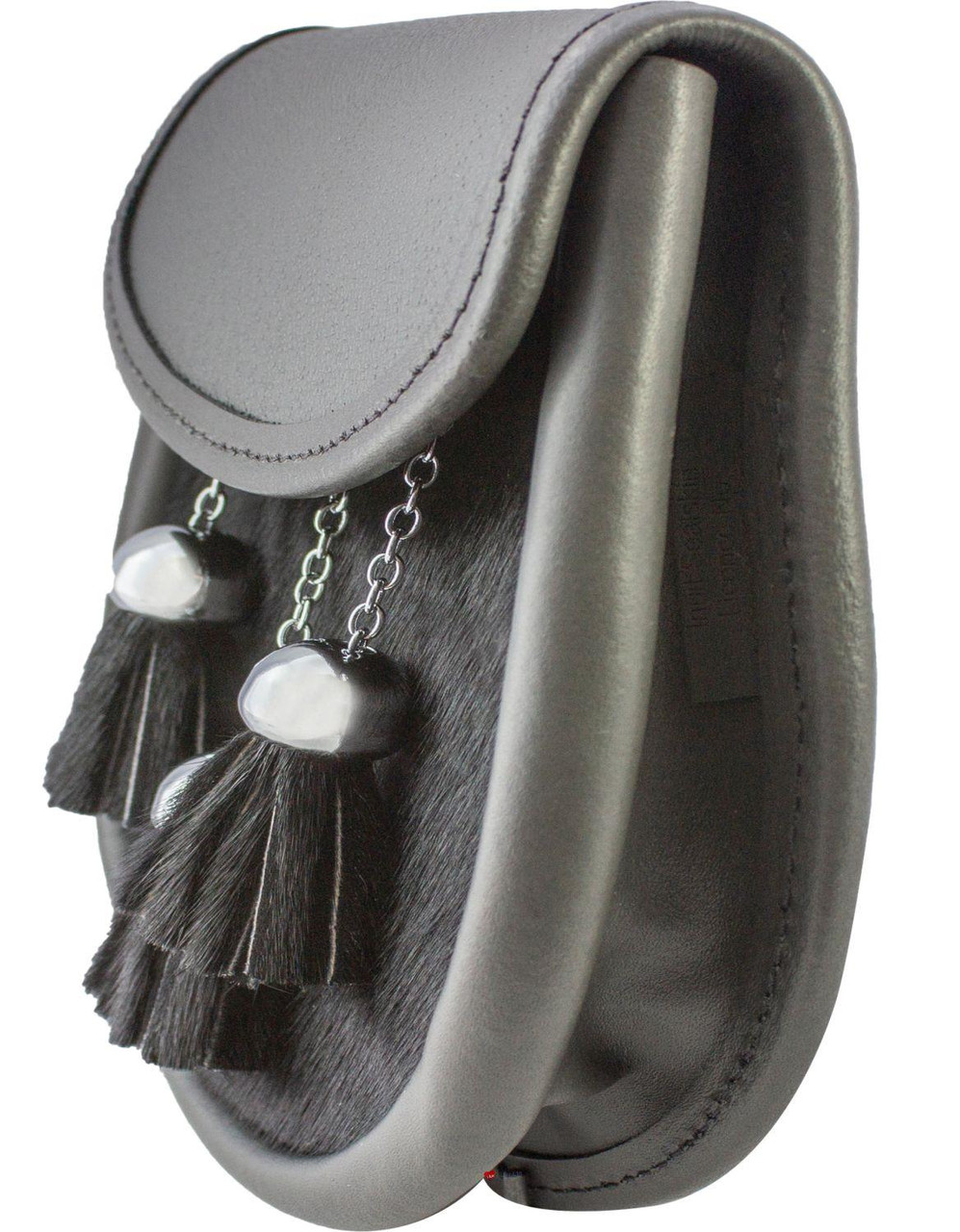 Semi Dress Sporran Grey Leather Black Fur Body Polished chrome Ball and Chain