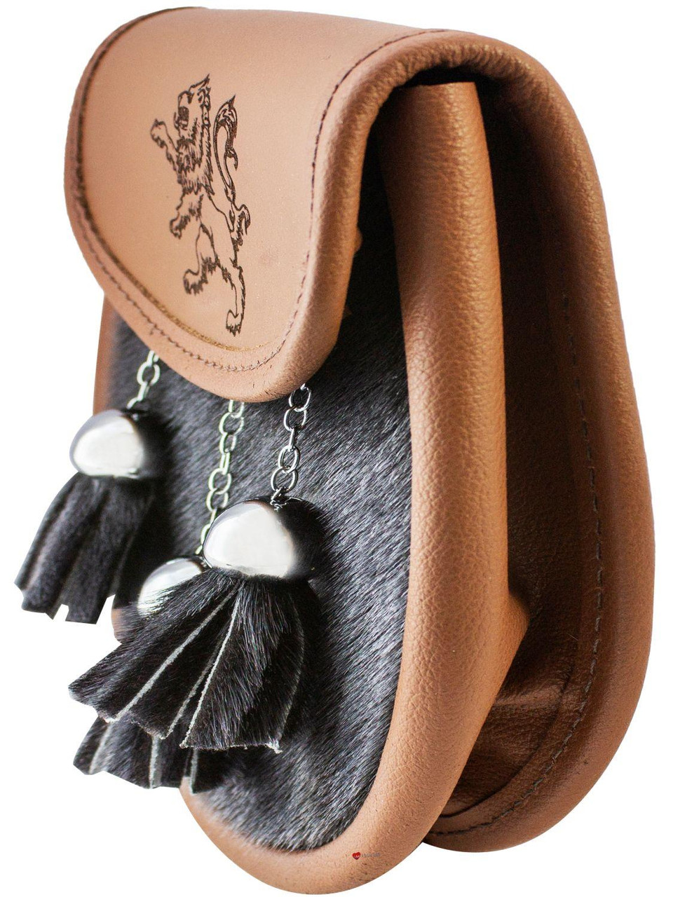 Semi Dress Sporran Tan Leather Polished Black Fur Body and Tassels Embossed Rampant Lion Lid