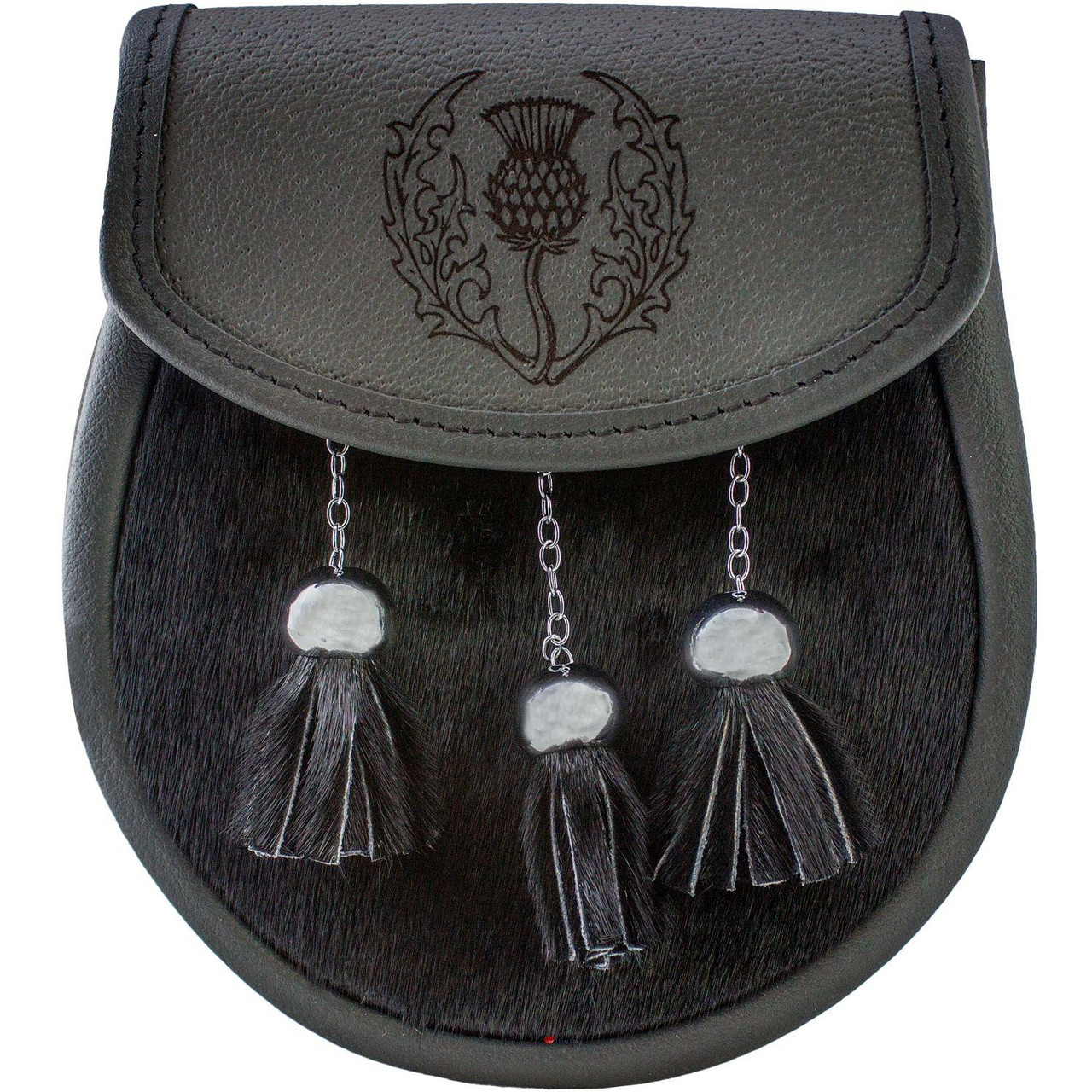Semi Dress Sporran Grey Leather Embossed Thistle Lid Polished Black Fur Tassels and Body
