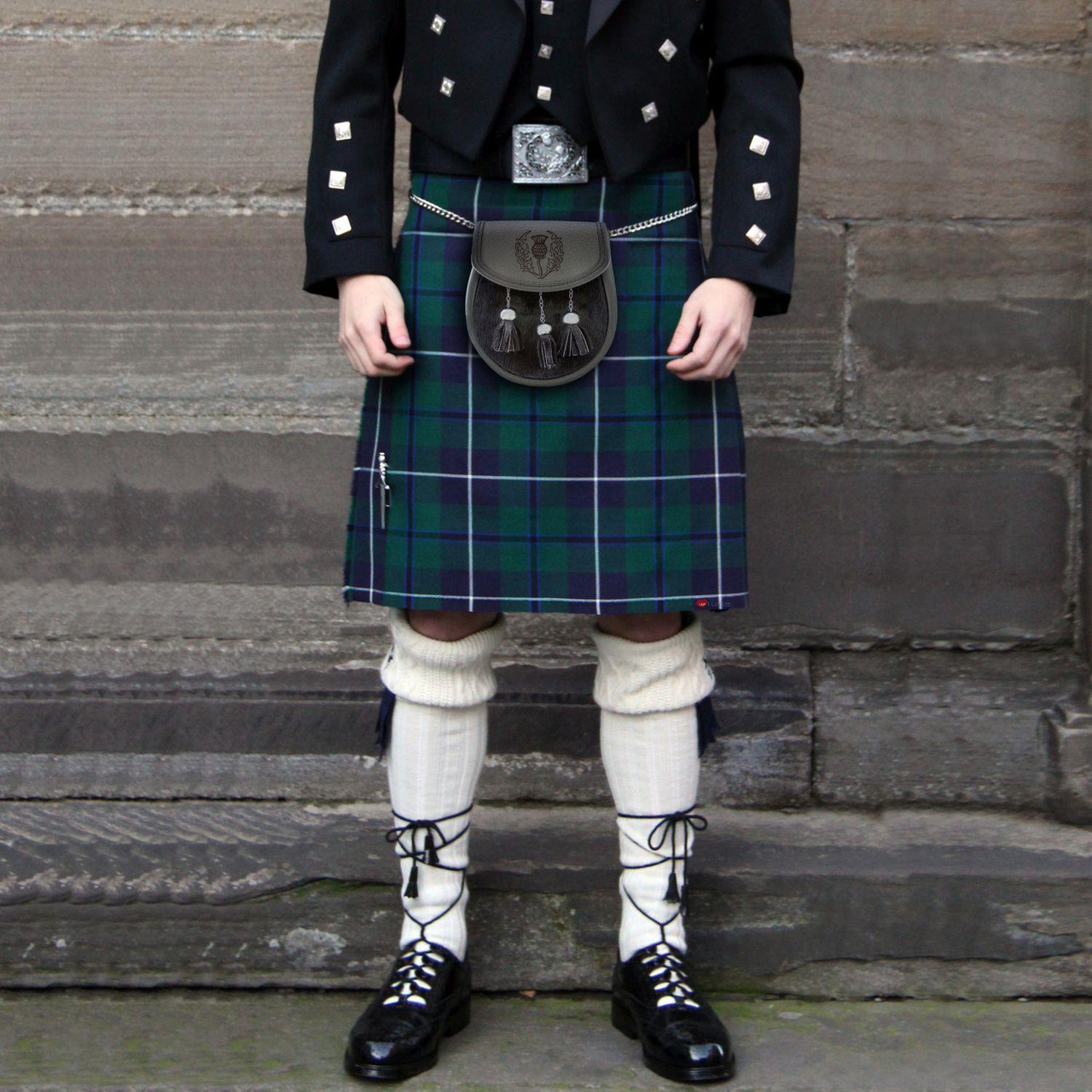 Semi Dress Sporran Grey Leather Embossed Thistle Lid Polished Black Fur Tassels and Body