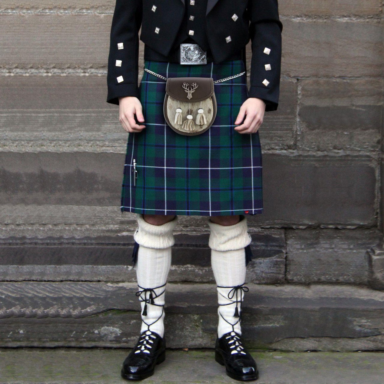 Semi Dress Sporran Spotty Fur Brown Leather with Stag Badge in Polished Finish