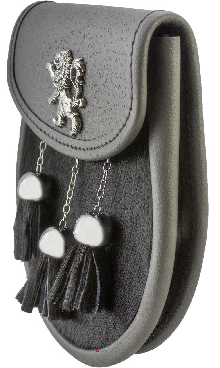 Semi Dress Sporran Black Fur Grey Leather with Rampant Lion Badge in Polished Finish