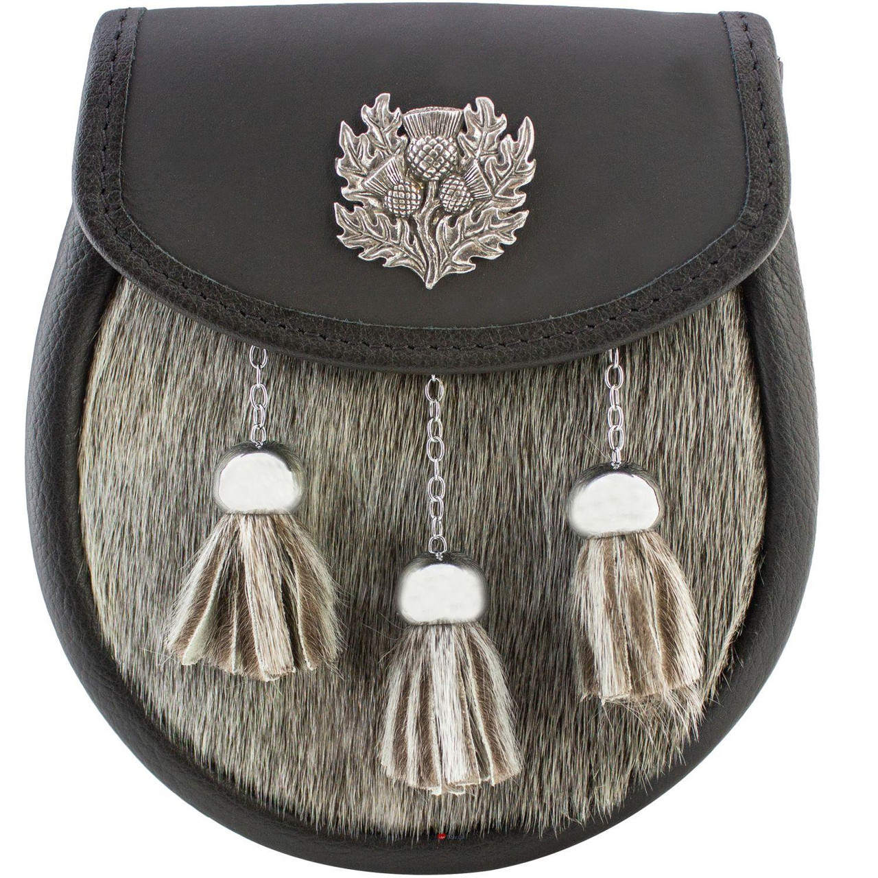 Semi Dress Sporran Brown Fur Black Leather with Scottish Thistle Thistle Badge in Polished FInish